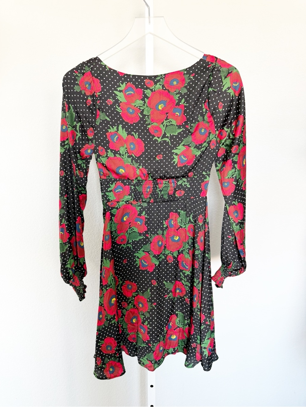 Free People Morning Light Floral Long Sleeve Mini Dress Black and Red Polka Dots - Picture 3 of 10